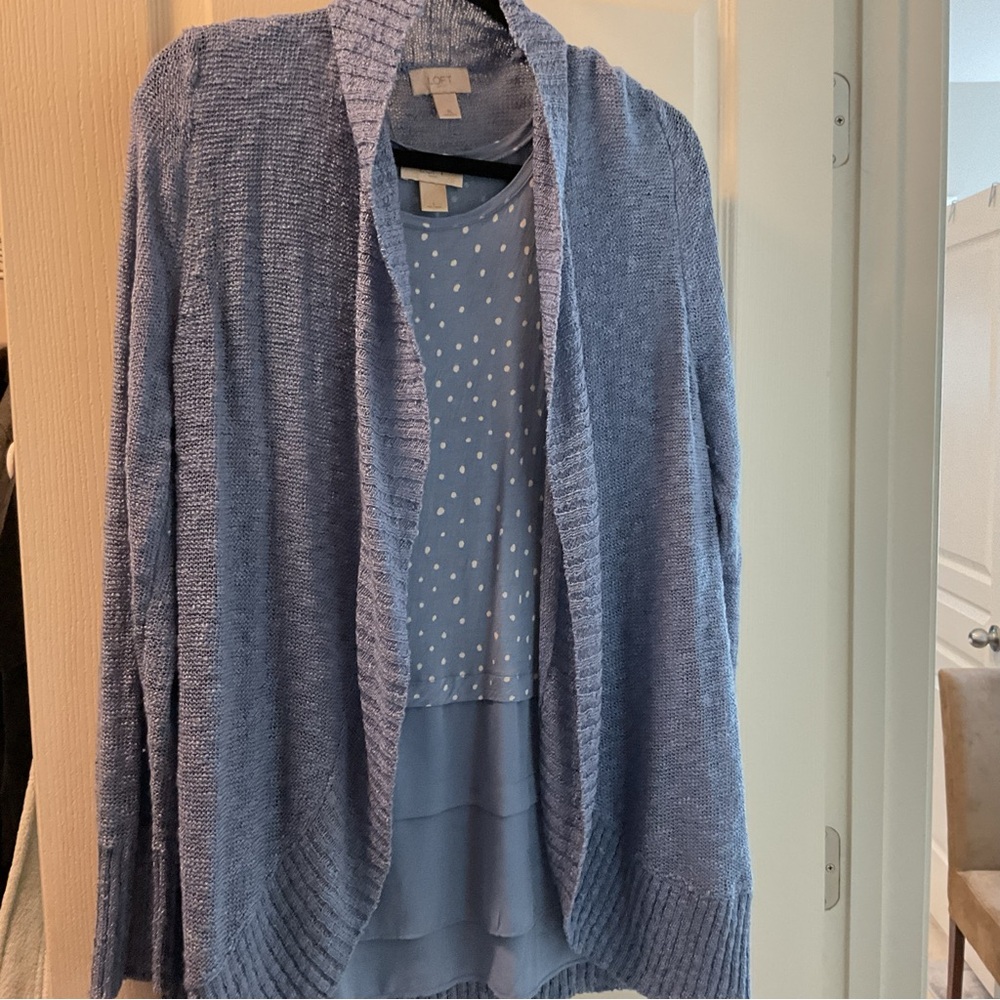 LOFT Sleeveless Polka Dot Shirt (L) with matching Light Knit Sweater (XL)